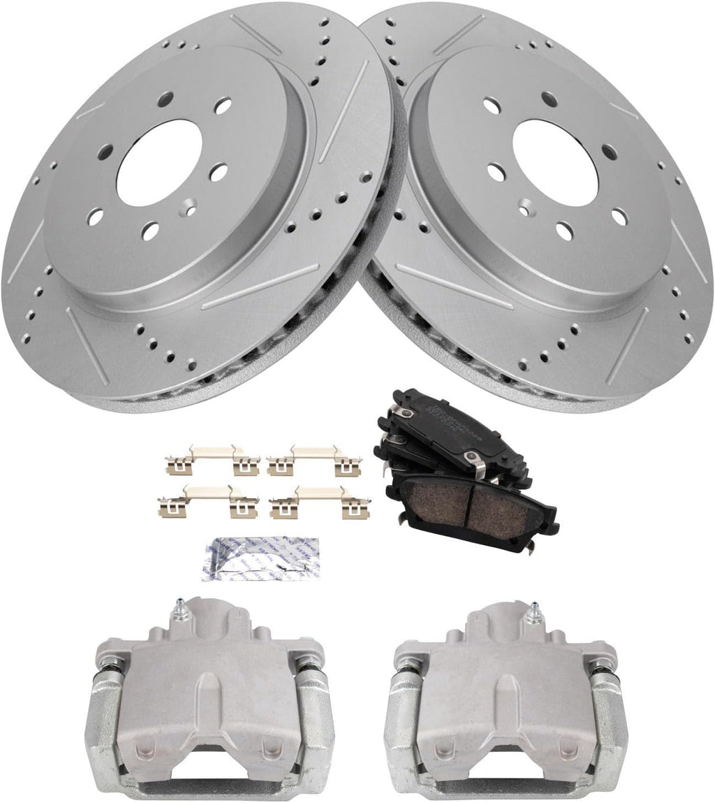 TRQ Performance Rear Brake Pad and Rotor Set Ceramic Vented Coated Slotted Drilled Calipers Compatible with 2004-2009 Cadillac SRX