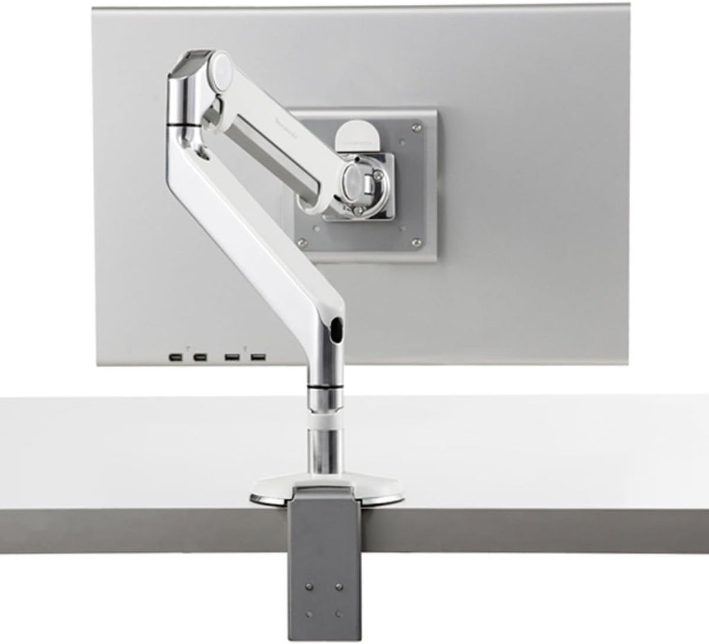 Humanscale M2 M2BW1S Adjustable Articulating Computer Monitor Arm - Bolt Through Mount with Base - Polished Aluminum with White Trim