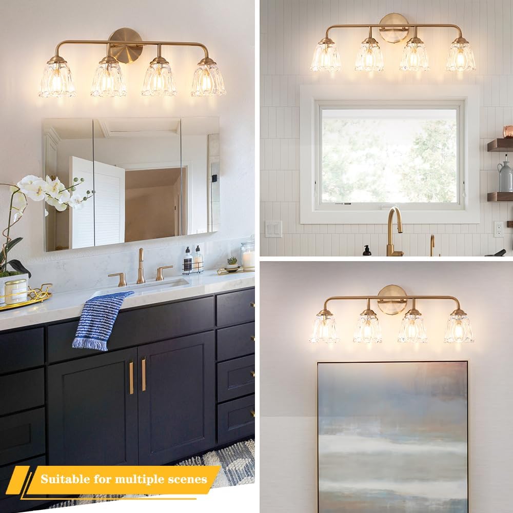 Daunton Vintage Bathroom Vanity Light, Brown Bronze Vanity Lighting, 4-Light Bathroom Lighting Fixtures Over Mirror, Elegant Flower Glass Light with Clear Shade, Gold Wall Sconce Lighting for Bedroom