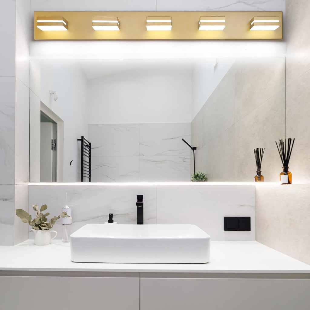 SineRise LED Modern Bathroom Vanity Light Fixtures (5-Light, 40-Inch), Matte Gold Modern Acrylic Bathroom Wall Lighting Fixtures Over Mirror (Cool White 6000K)