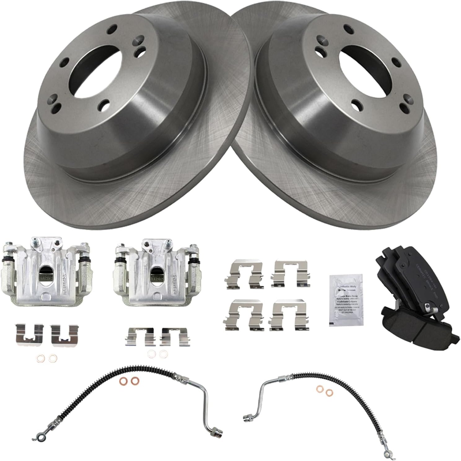 TRQ Rear Brake Pad and Rotor Set Ceramic Rotors Calipers Hoses Compatible with 2010-2012 Hyundai Santa Fe 2011-2013 Kia Sorento