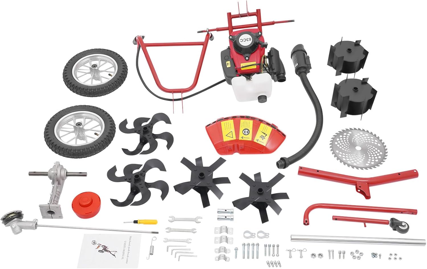 63CC Gas Powered Tiller Cultivator, 4-Stroke Hand Push Micro Cultivator Lawn Mower, 3-in-1 Mowing Tilling Trenching Machine for Farms Parks Lawns Gardens Courtyards (63CC 4-Stroke)