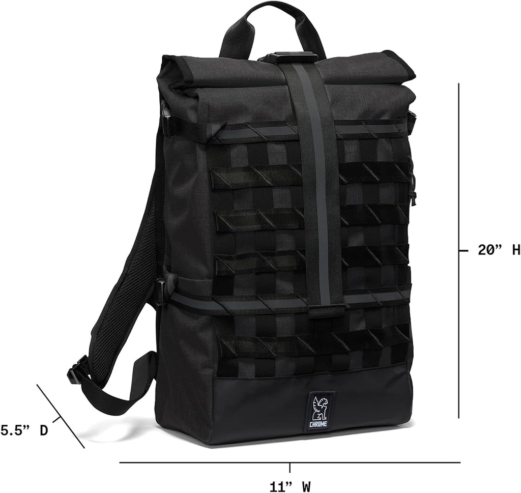 Chrome Industries Barrage 22L Black Roll-Top Backpack – Water Resistant Bag for Work, School, Travel – Features Cargo Net & Laptop Pocket