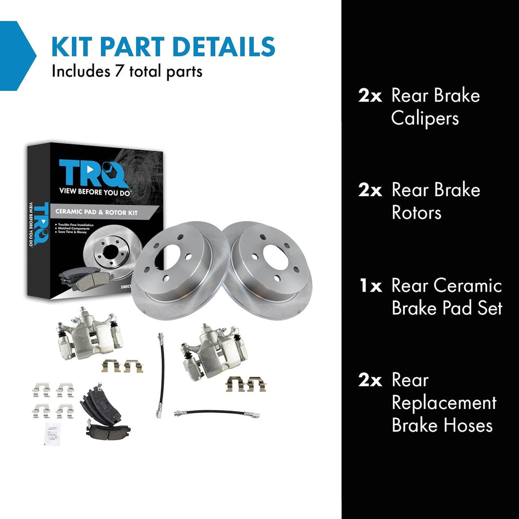 TRQ Rear Brake Pad and Rotor Set Ceramic Rotors Calipers Hoses Compatible with 2000-2005 Chevrolet Impala Monte Carlo 1999-2004 Buick Regal 1999-2002 Oldsmobile Intrigue 1999-2003 Pontiac Grand Prix