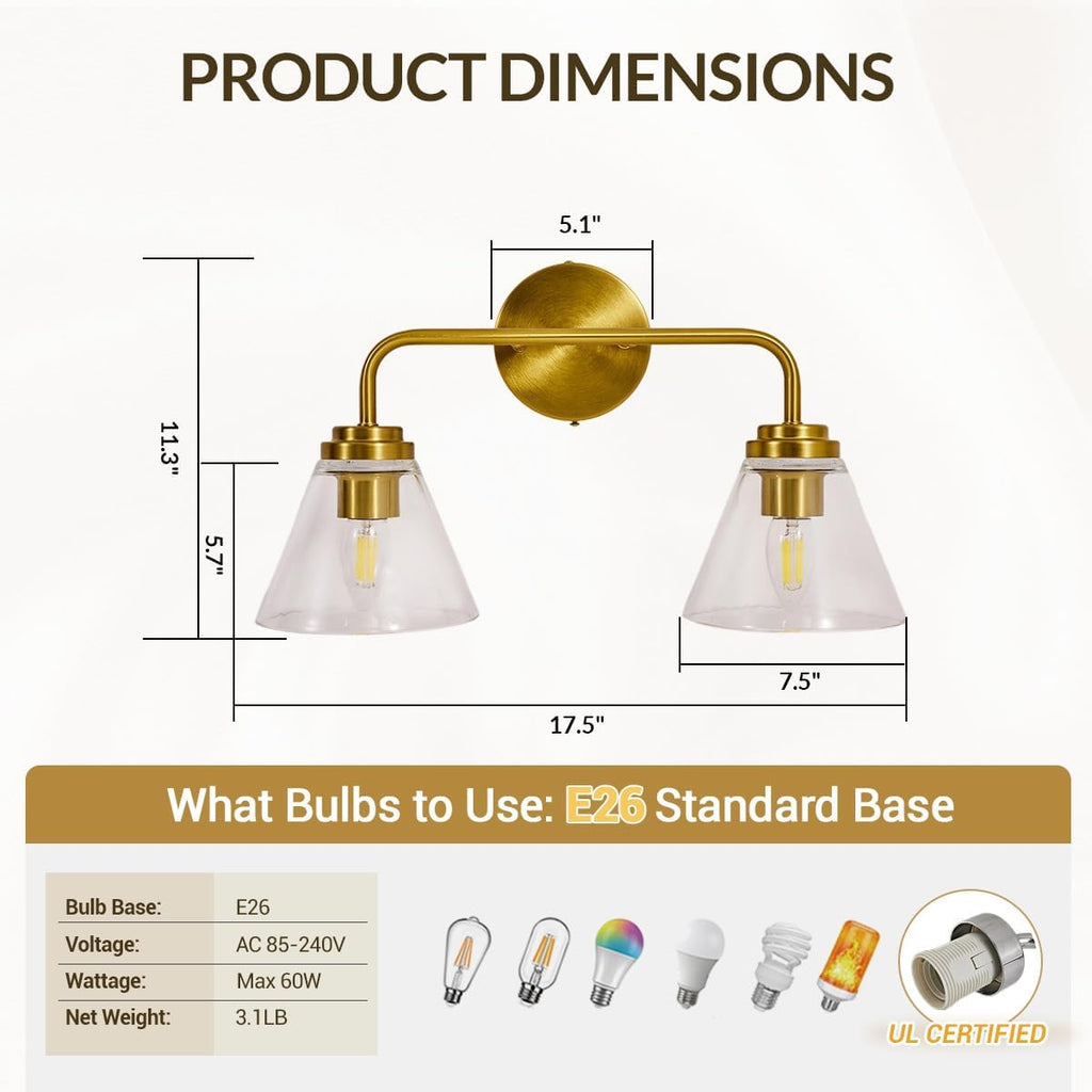 ANDY STAR Vanity Lights for Bathroom 2 Light - Brushed Gold Bathroom Light Fixtures with Clear Cone-Shaped Glass, Brass Modern Geometric Design Wall Lights for Hallway, Bedroom, E26 Base (No Bulbs)