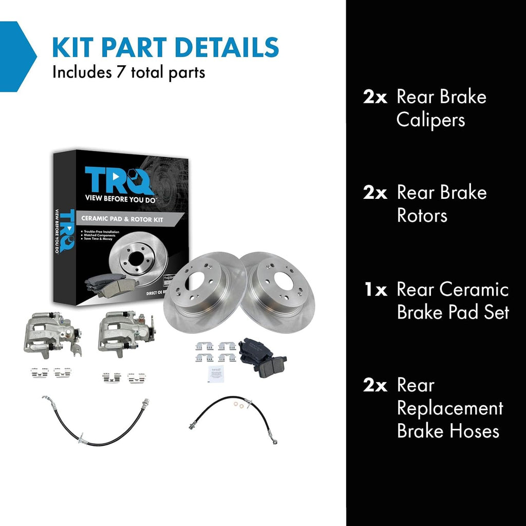 TRQ Rear Brake Pad and Rotor Set Ceramic Rotors Calipers Hoses Compatible with 2009-2014 Acura TSX 2008-2012 Honda Accord