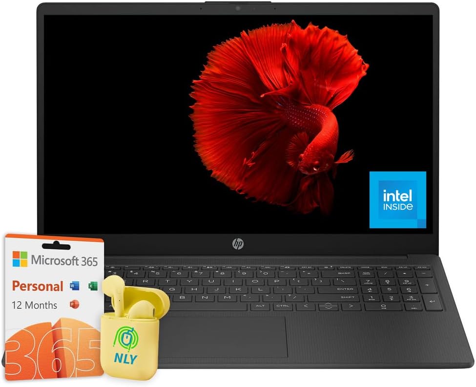 HP Essential 15.6' Laptop, Intel N200 4-Core Processor, Windows 11 Laptop 32GB RAM 384GB Storage (128GB SSD+256GB SD Card), Numeric Keypad, Camera Privacy Shutter, NLY Earphones, Black