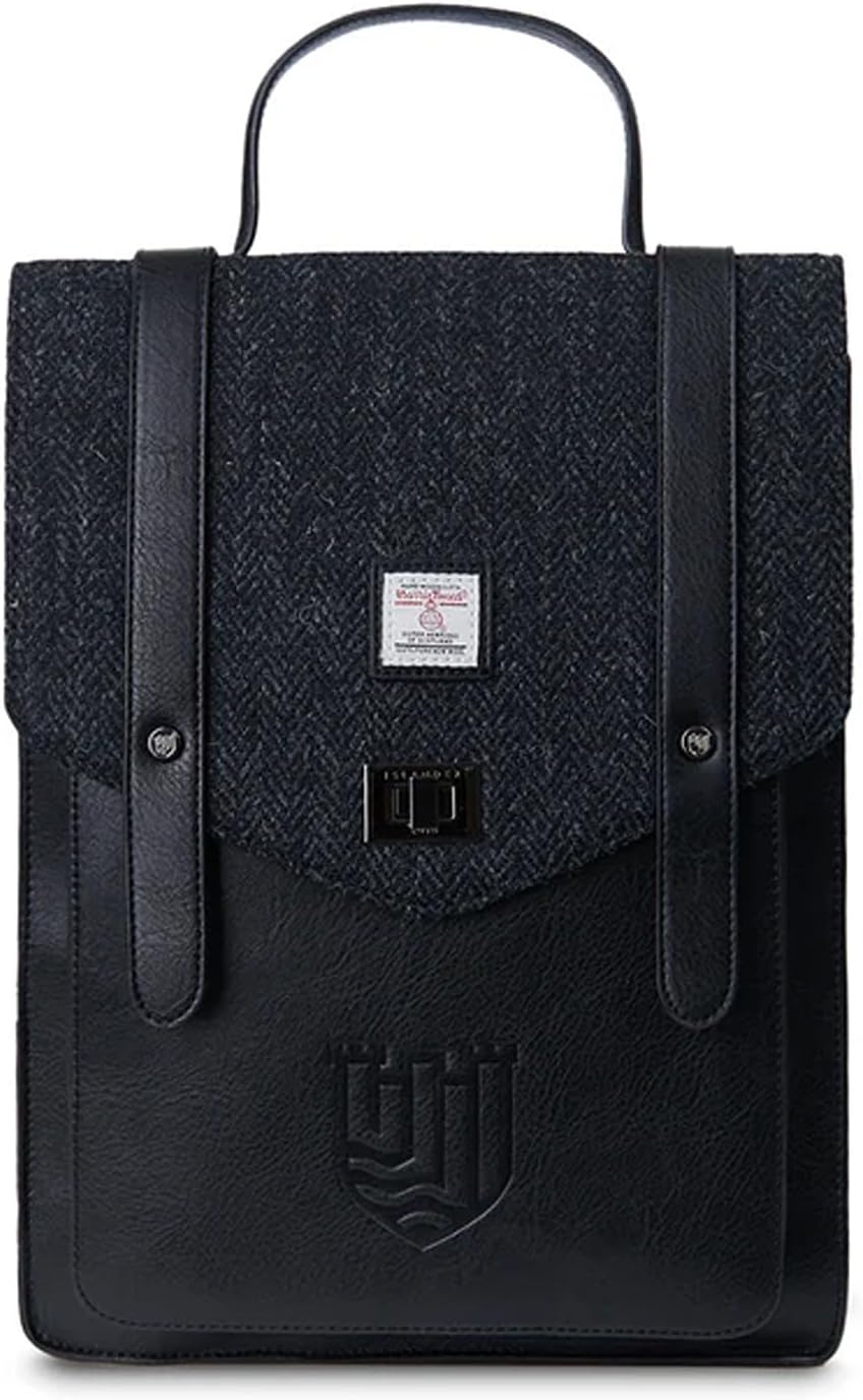 Islander Carloway Backpack for Men & Women, With Laptop Sleeve, Harris Tweed Vegan Leather (Black Herringbone)