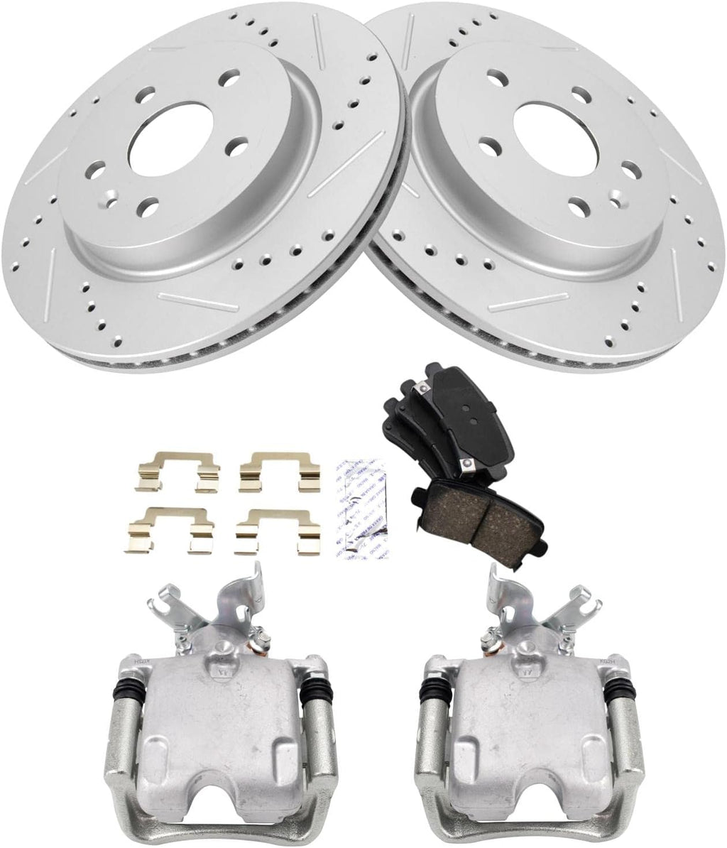 TRQ Performance Rear Brake Pad and Rotor Set Ceramic Drilled Slotted Coated Vented Rotors Calipers Compatible with 2011-2012 Buick Regal 2013-2016 LaCrosse 2013 Malibu 2014-2019 Chevrolet Impala