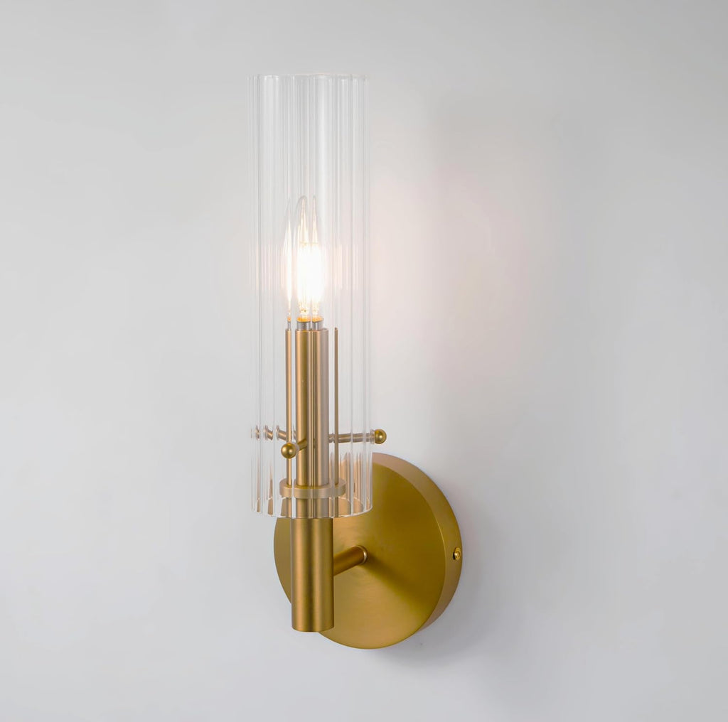 14.5 Inch Hardwired Brushed Gold Wall Sconces with Ribbed Glass Shade Brass Gold Bathroom Sconces Set of 2 (Bulb Included)