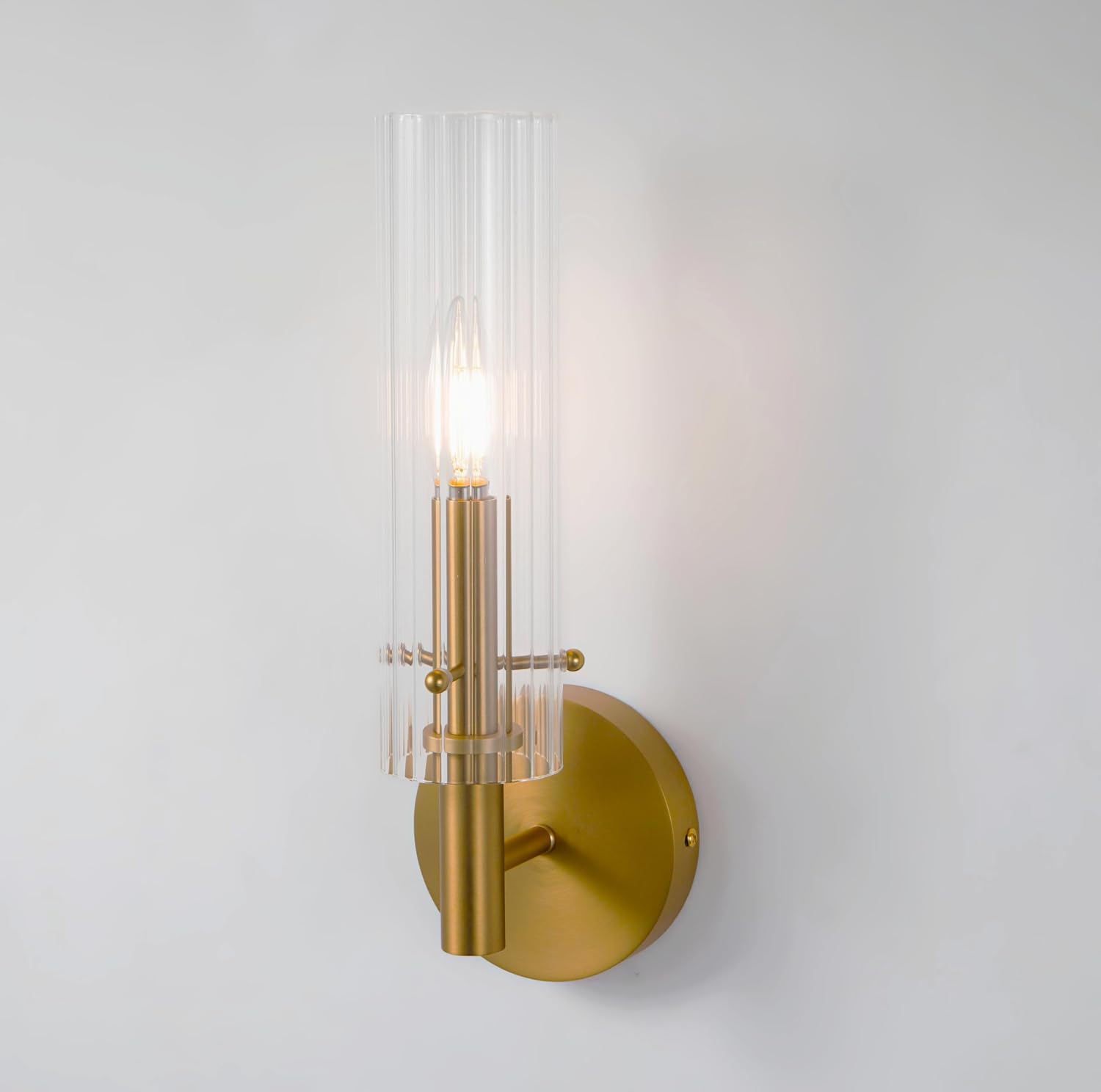 14.5 Inch Hardwired Brushed Gold Wall Sconces with Ribbed Glass Shade Brass Gold Bathroom Sconces Set of 2 (Bulb Included)