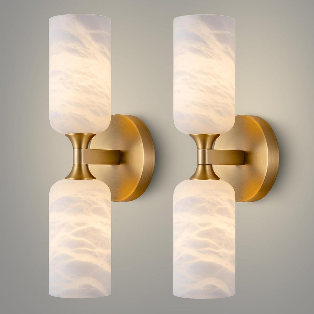 Alabaster Wall Sconce Set of 2, 14in Modern Brass Spanish Natural Marble Bathroom Vanity Sconces, Indoor Gold Wall Lighting Fixtures Decor for Bedroom Living Room Staircases