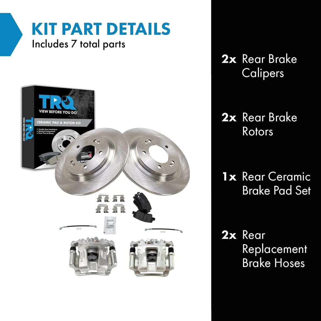 TRQ Rear Brake Pad and Rotor Set Ceramic Rotors Calipers Hoses Compatible with 2014-2016 Kia Optima