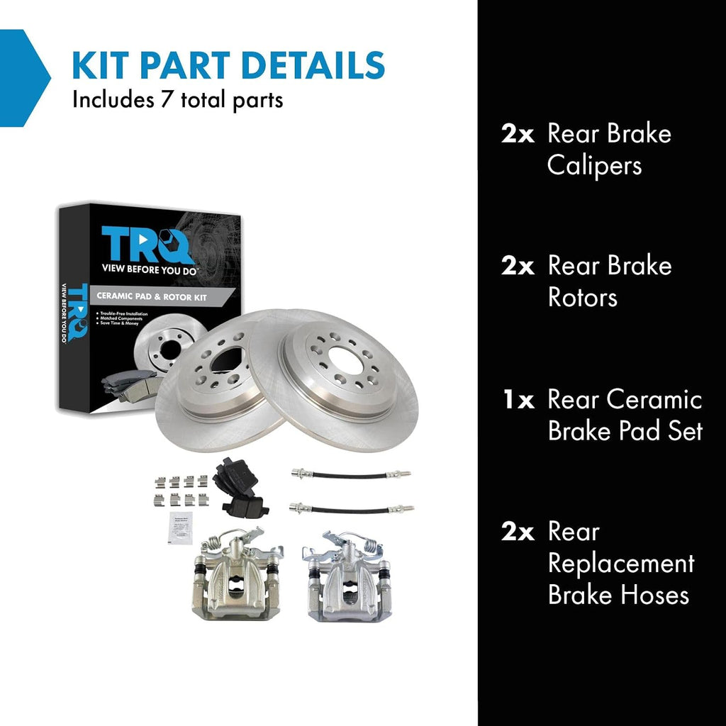 TRQ Rear Brake Pad and Rotor Set Ceramic Rotors Calipers Hoses Compatible with 2005-2007 Ford Five Hundred Freestyle Mercury Montego