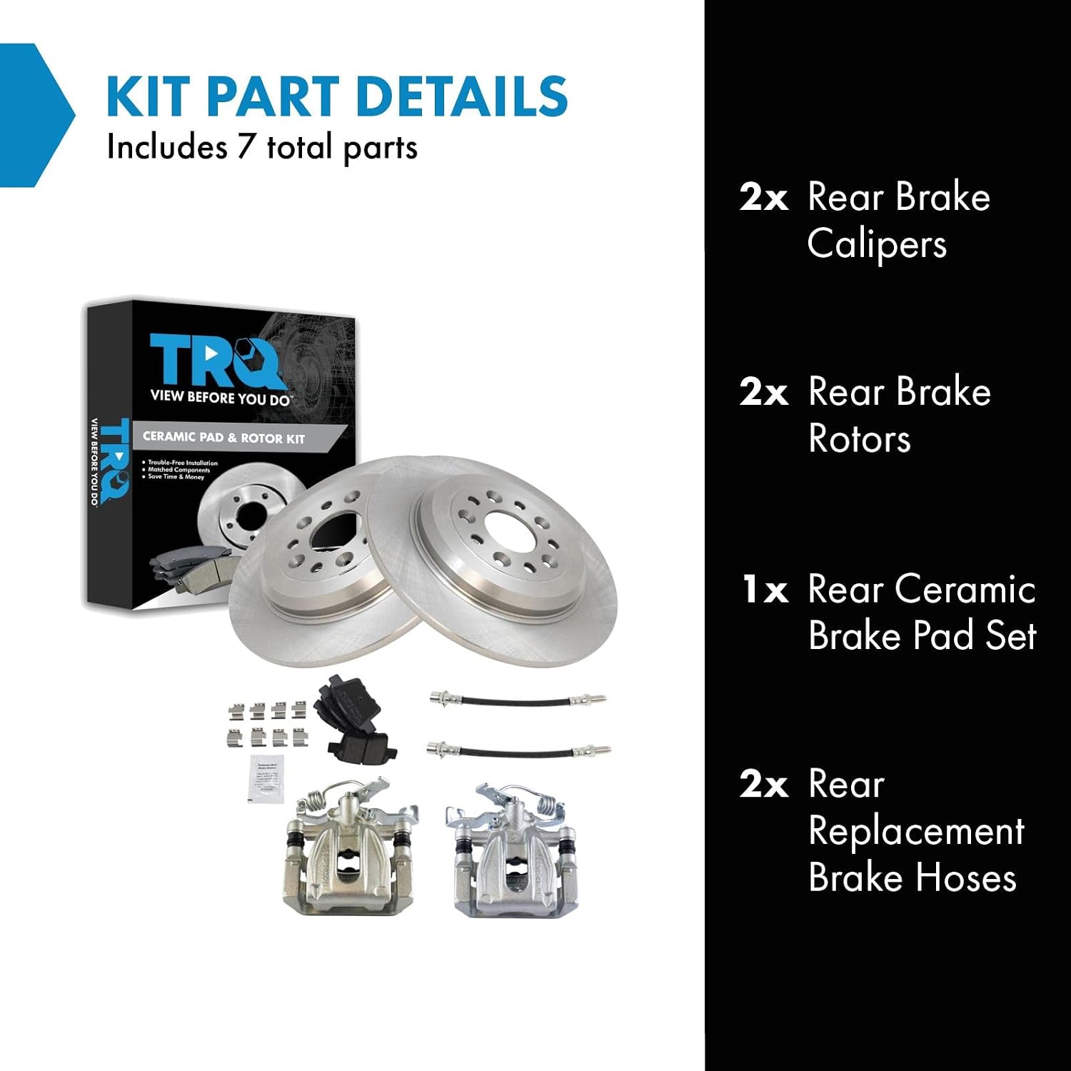 TRQ Rear Brake Pad and Rotor Set Ceramic Rotors Calipers Hoses Compatible with 2005-2007 Ford Five Hundred Freestyle Mercury Montego