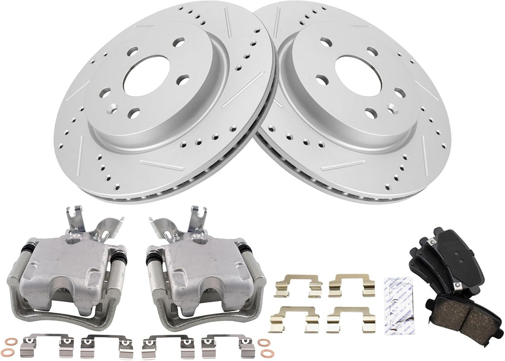 TRQ Performance Rear Brake Pad and Rotor Set Ceramic Vented Coated Rotors Calipers Compatible with 2014-2015 Chevrolet Malibu