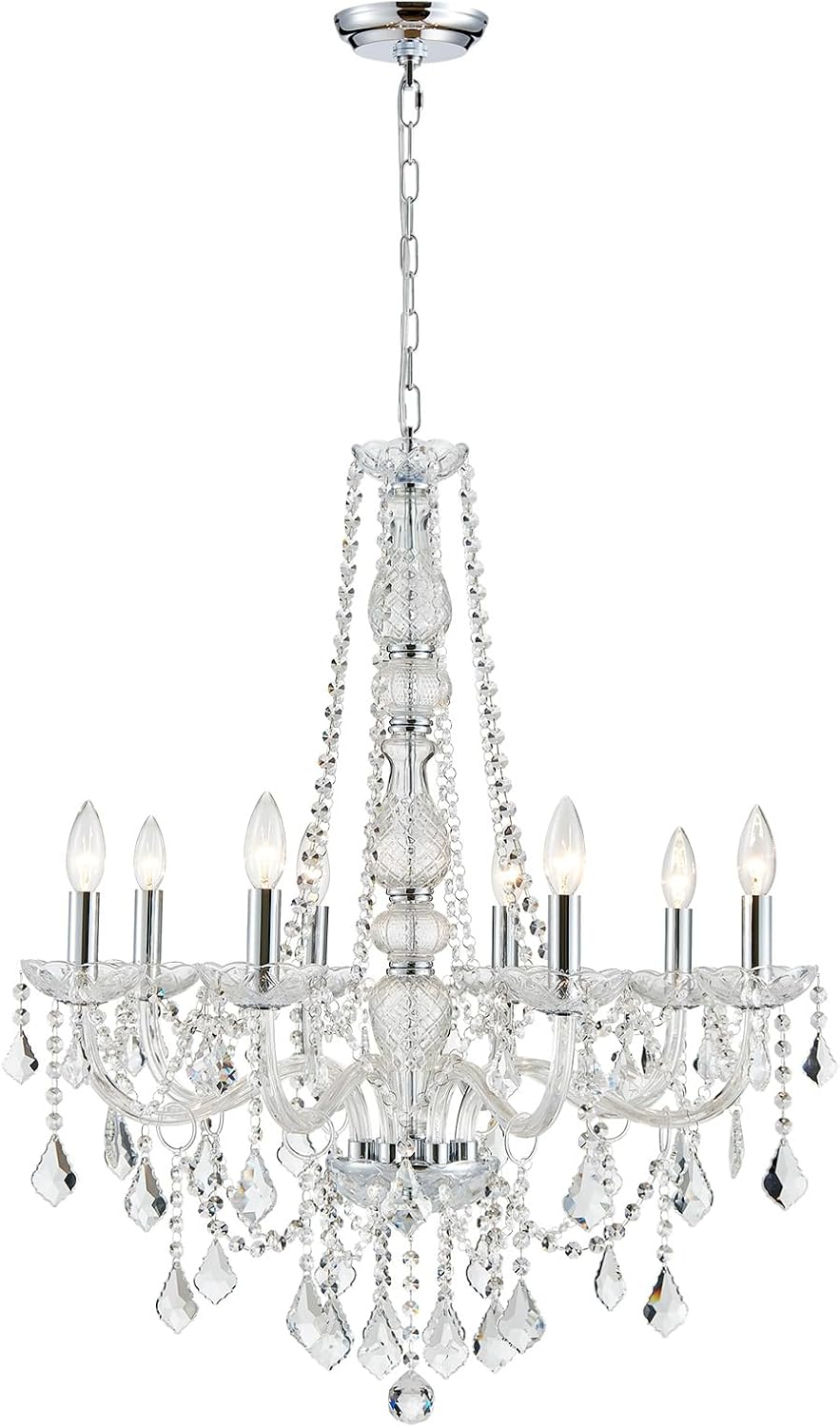 WUZUPS 8-Light Crystal Candle Chandelier Pendant Ceiling Light Modern Lighting Fixture for Bedroom Hallway Bar Kitchen Bathroom, H 35.4' W 27.6', E12 Base, Chrome