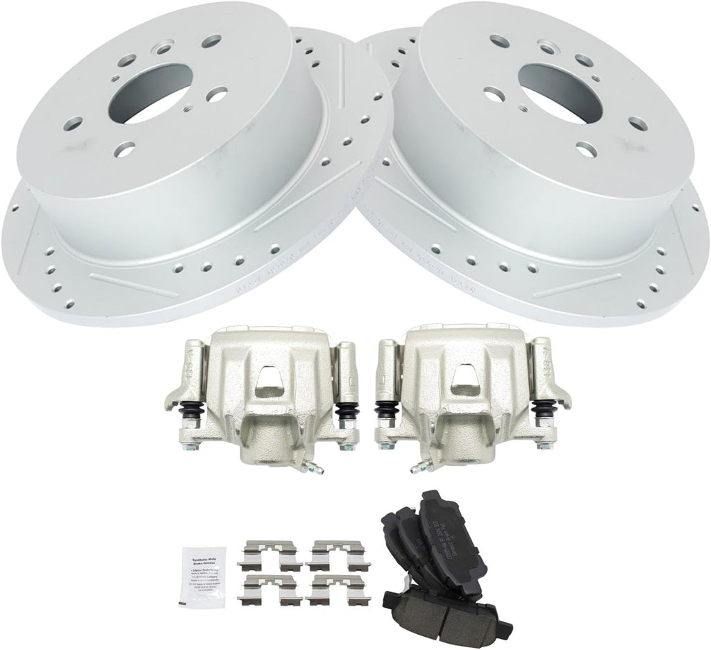 TRQ Performance Rear Brake Pad and Rotor Set Ceramic Solid Rotors Calipers Compatible with 2004-2010 Toyota Sienna
