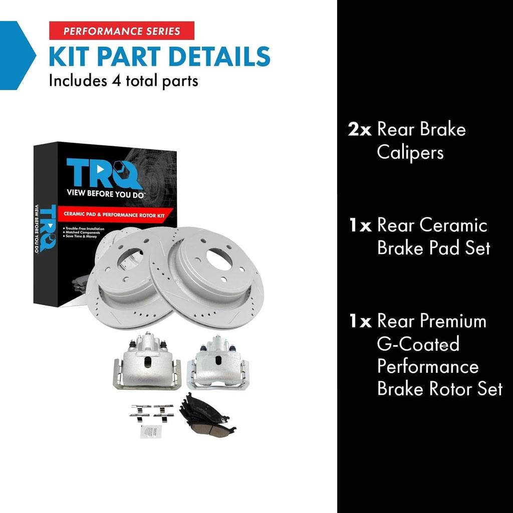 TRQ Rear Brake Pad and Rotor Set Ceramic Drilled Slotted Coated Vented Rotors Calipers Compatible with 2002-2010 Dodge Ram 1500 2005-2009 Durango 2007-2009 Chrysler Aspen 2011-2018 Ram 1500