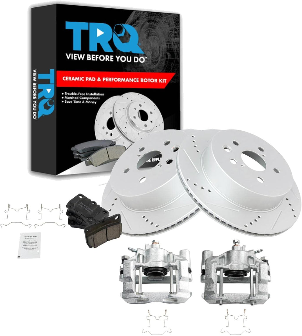 TRQ Performance Rear Brake Pad and Rotor Set Ceramic Vented Coated Rotors Calipers Compatible with 2010-2013 Lexus IS250