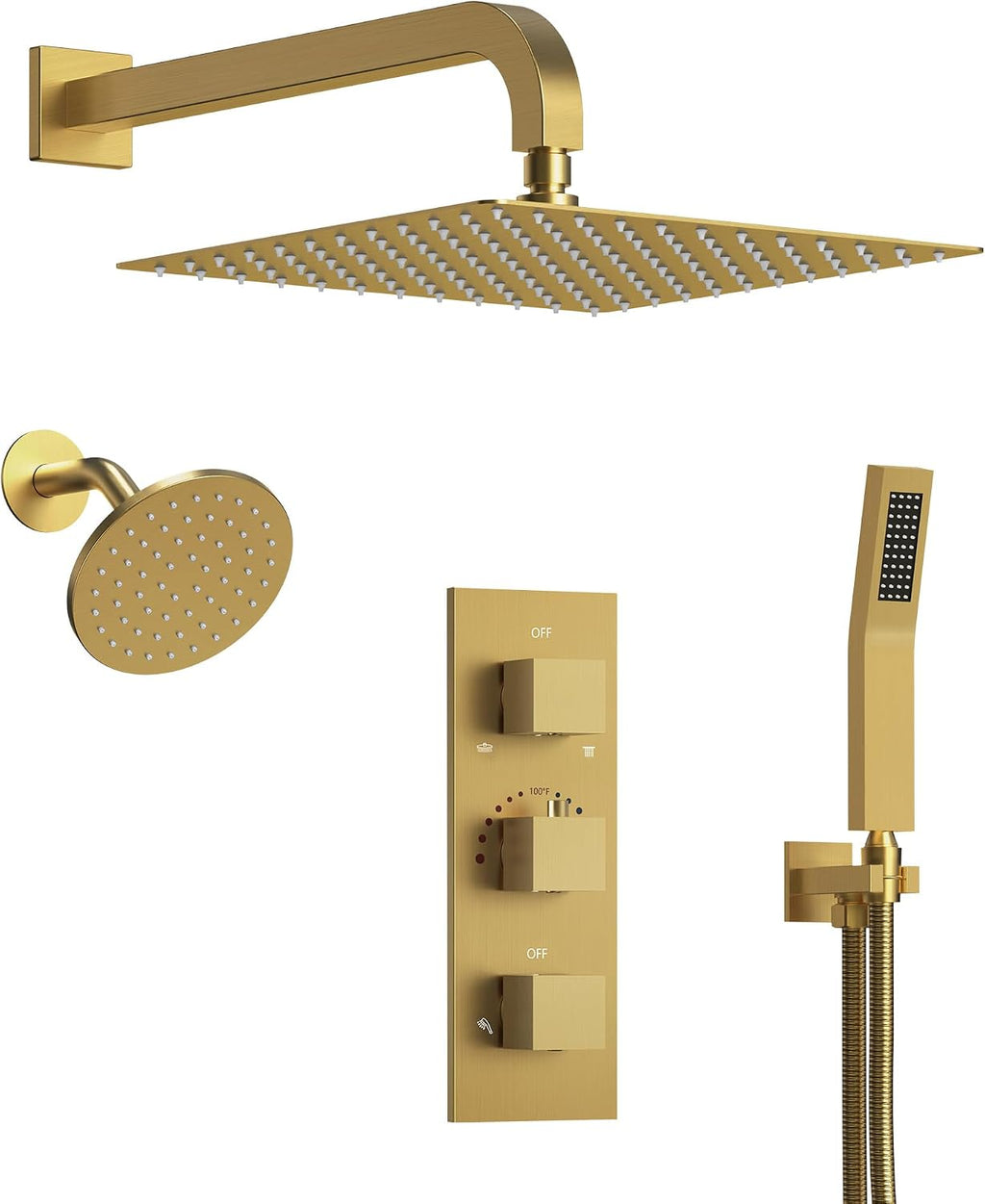 Thermostatic Shower system, 12 & 6 in. Bathroom Shower Set Wall Mount Dual Shower Head Faucet in Brushed Gold