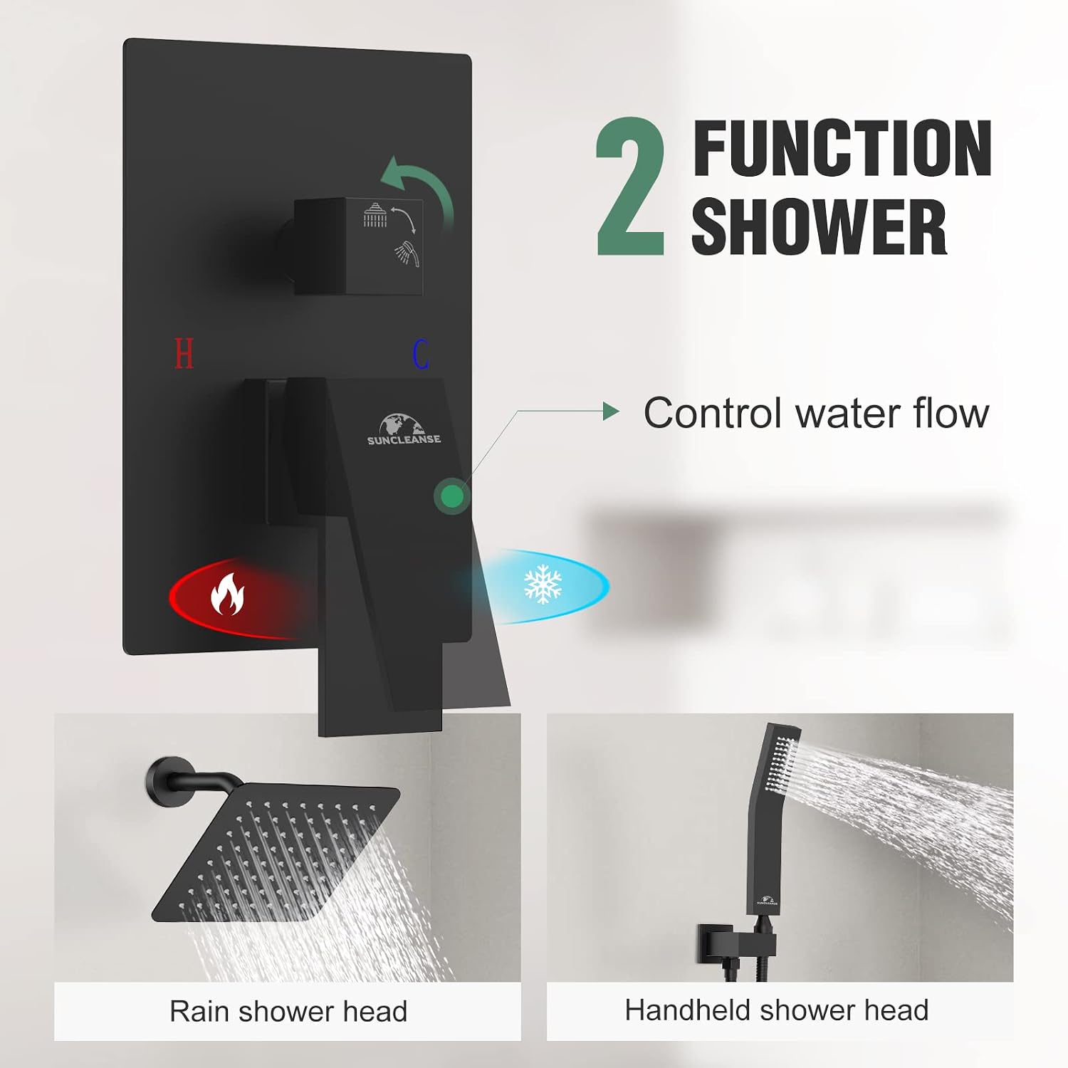 Shower System Rainfall Shower Faucets Set Matte Black, 8 Inch Wall Mounted Rain Shower Head with Handheld Spray Shower Valve and Trim Included