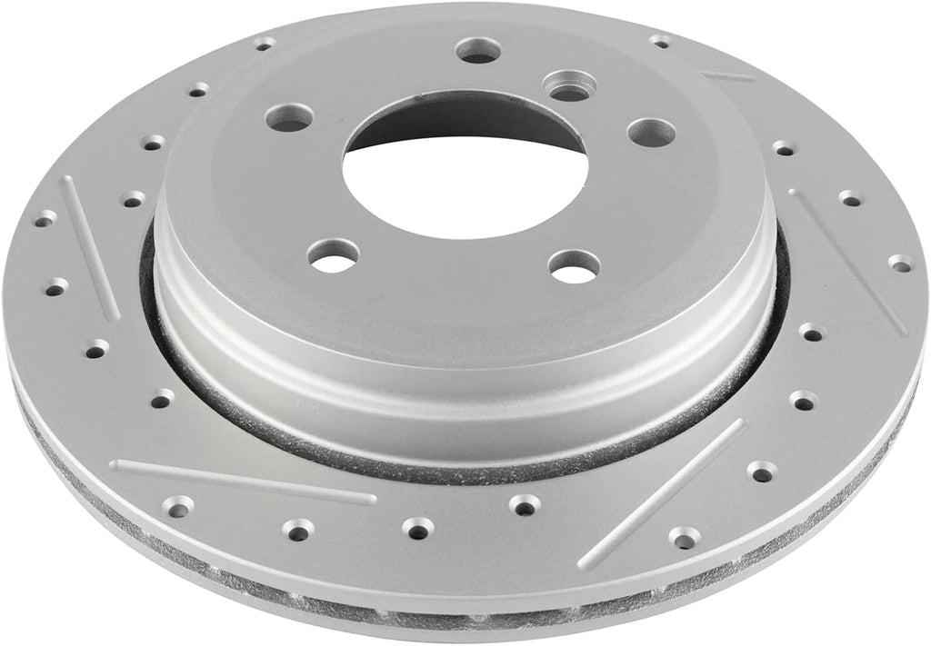 TRQ Performance Rear Brake Pad and Rotor Set Ceramic Drilled Slotted Coated Rotors Calipers Compatible with 2001-2003 BMW 325xi
