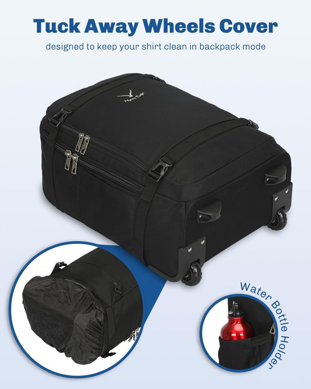 Hynes Eagle Rolling Backpack 42L Backpack with Wheels Airline Approved Carry on Luggage Laptop Travel Suitcase Bag for Women Men Jet Black