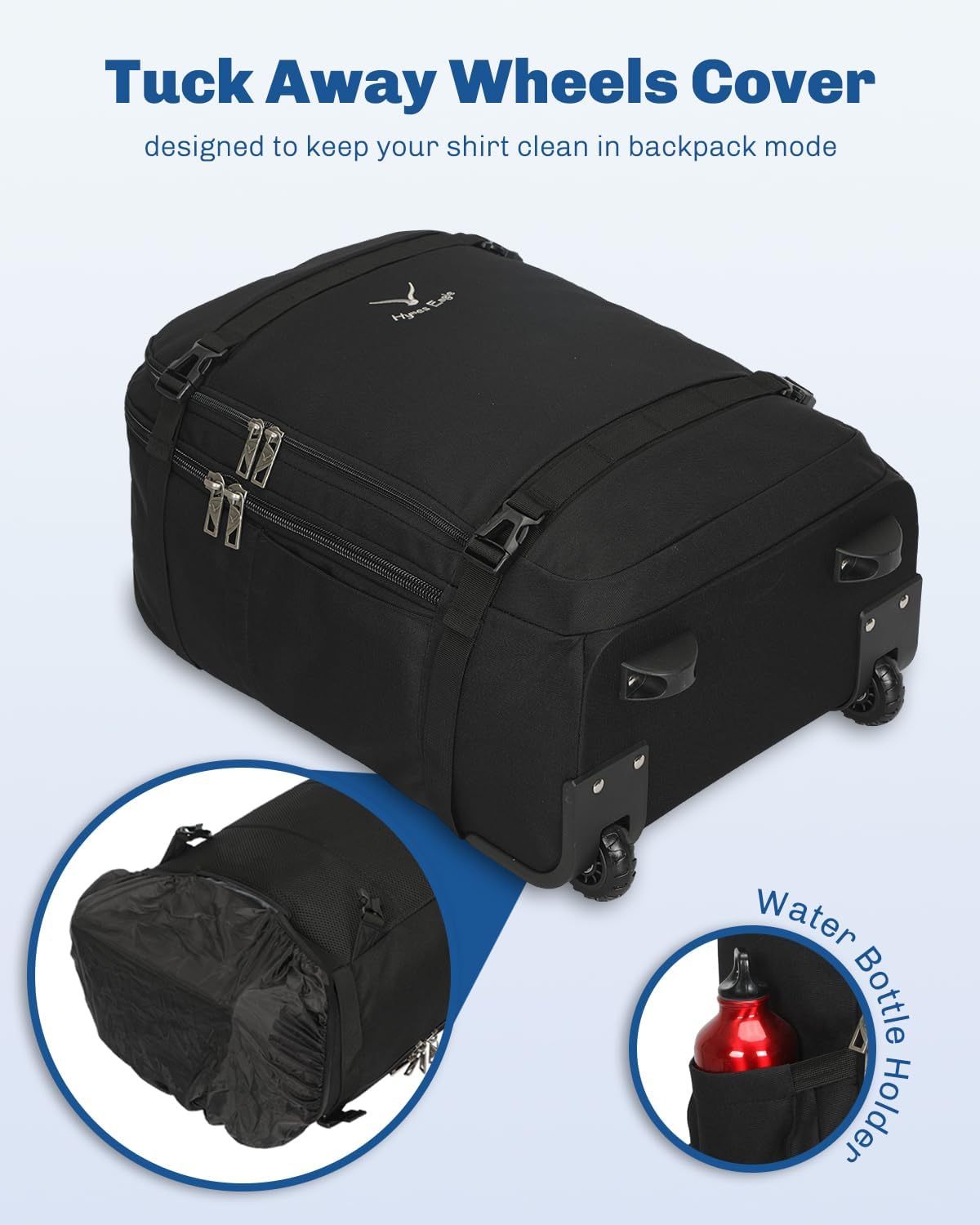 Hynes Eagle Rolling Backpack 42L Backpack with Wheels Airline Approved Carry on Luggage Laptop Travel Suitcase Bag for Women Men Jet Black