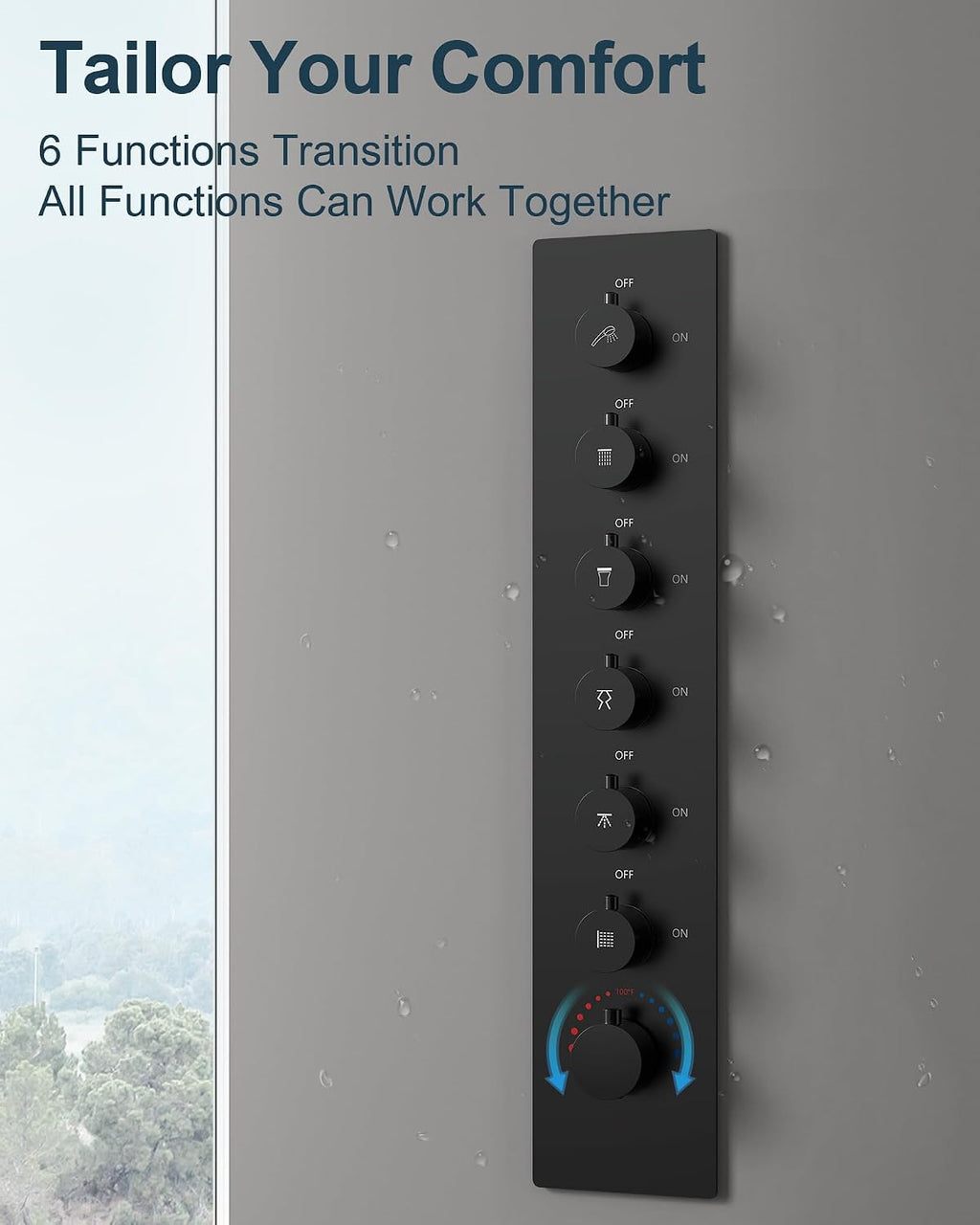 Luxury LED Shower System, 28' x 16' Ceiling Mount Bluetooth Music Speaker 4 Function Shower Head with 6 Body Jets, Matte Black