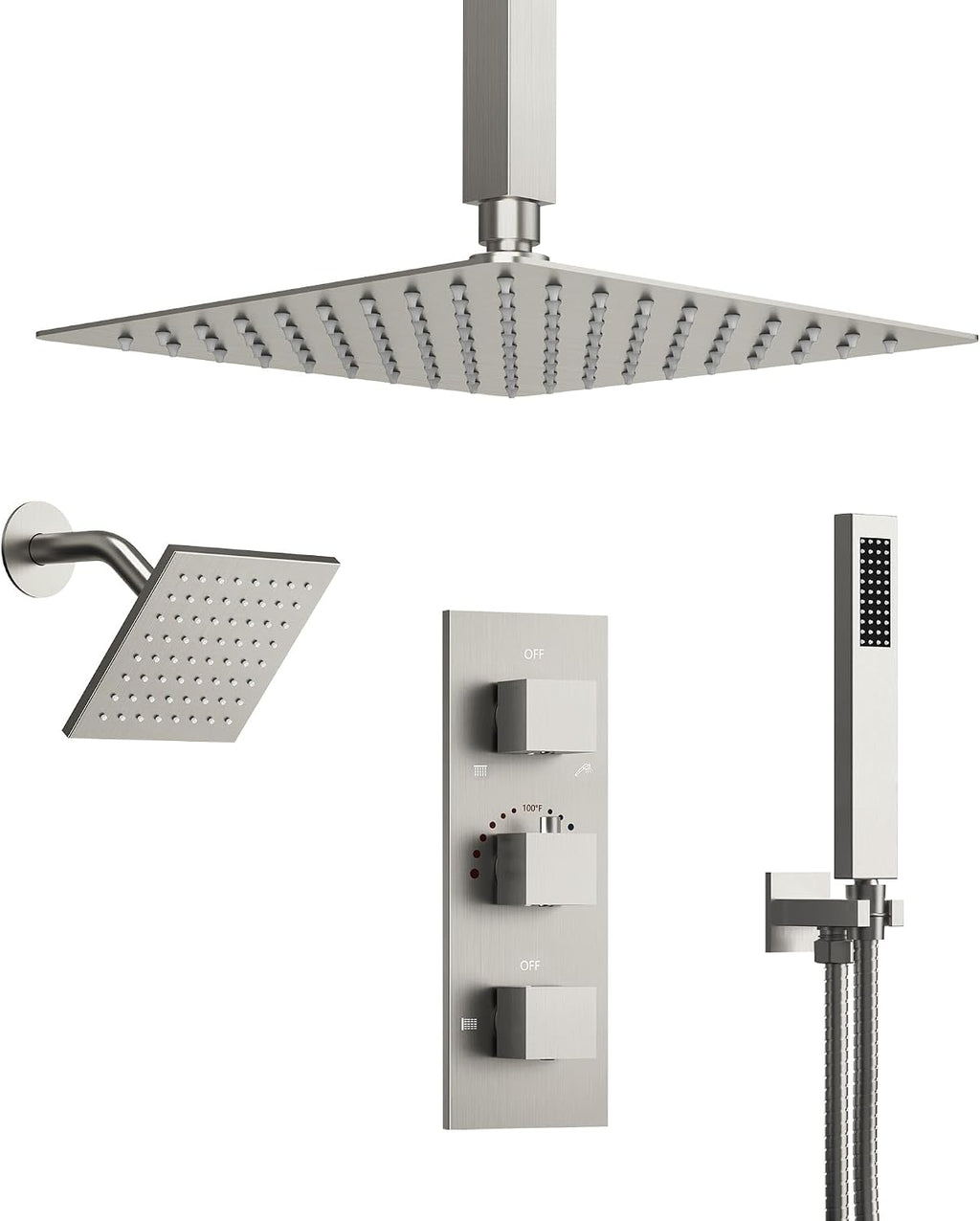 12' Ceiling Mount Dual Rainfall Shower Head System with Handheld Spray, Bathroom Shower Set with Valve (Brushed Nickel)