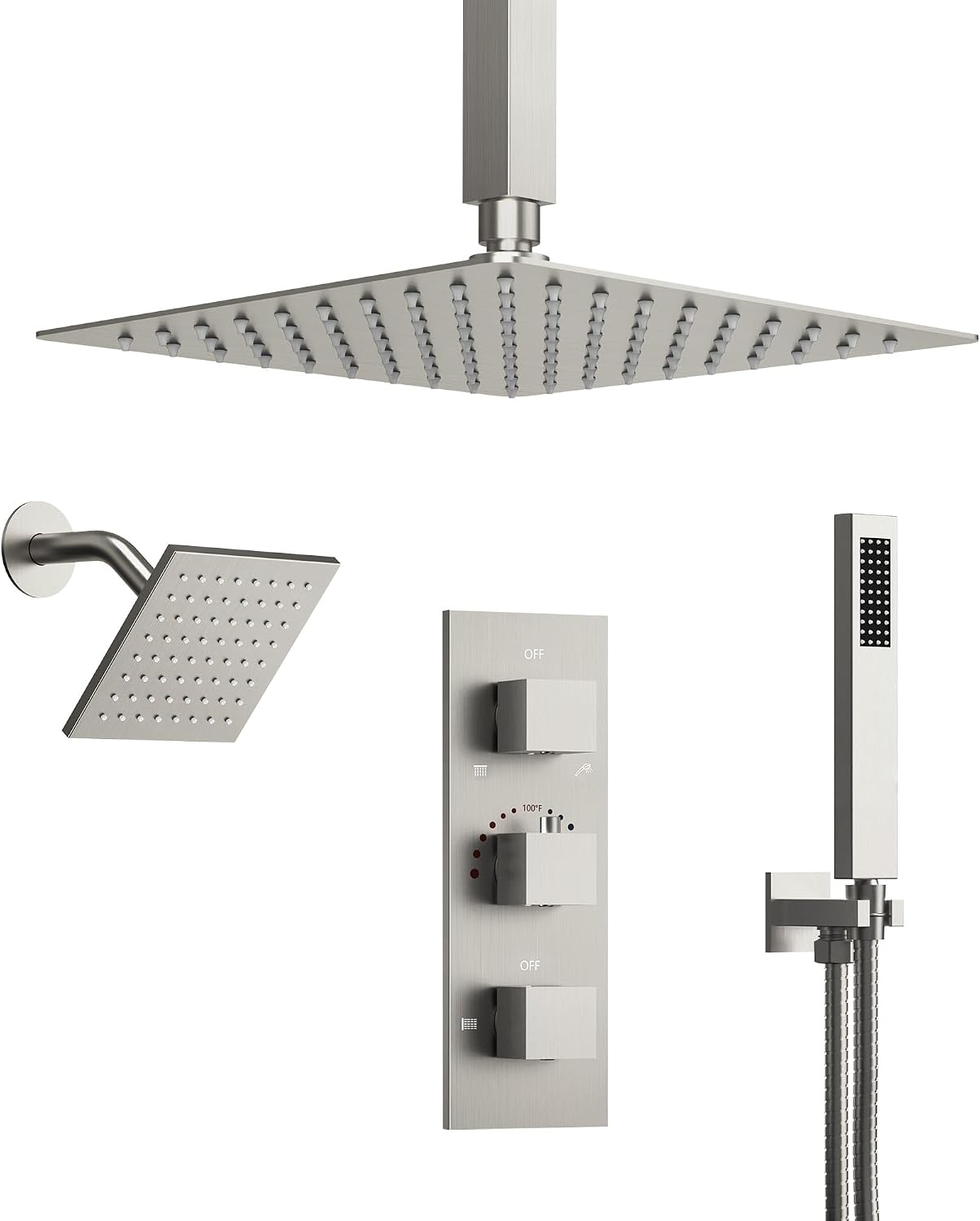 12' Ceiling Mount Dual Rainfall Shower Head System with Handheld Spray, Bathroom Shower Set with Valve (Brushed Nickel)