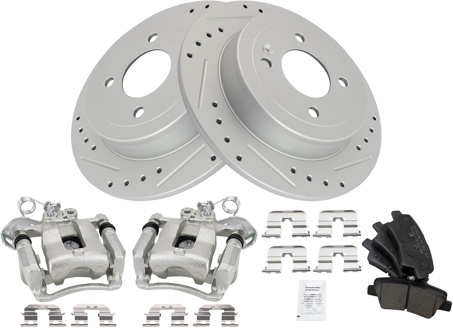 TRQ Performance Rear Brake Pad and Rotor Set Ceramic Solid G Coated Rotors Calipers Compatible with 2012-2016 Kia Rio