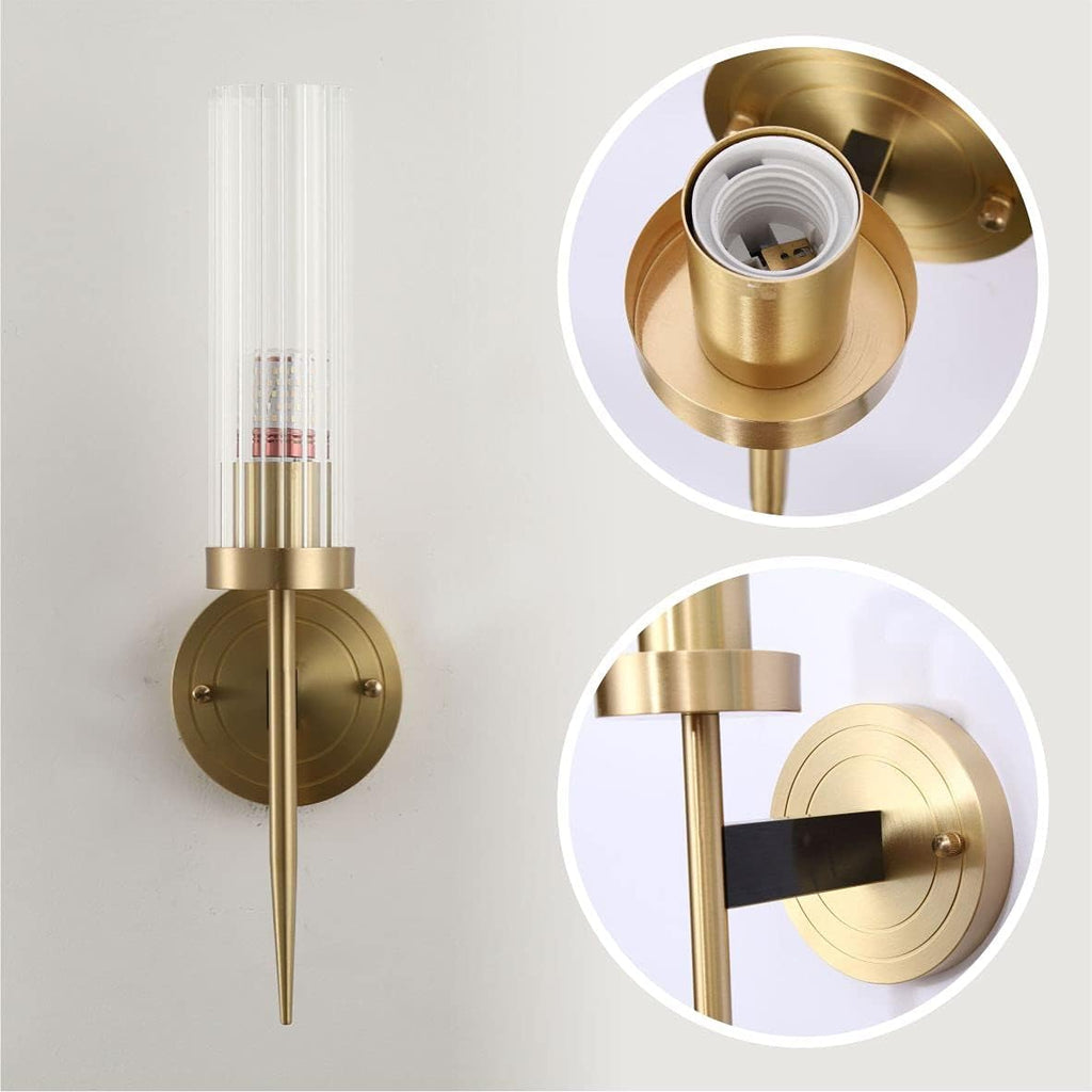 BOKT Modern Cylinder Sconces Wall Lighting Set of Two Mid Century Antique Brass Gold 1-Light Wall Sconce Set of 2 Clear Crystal Glass Wall Sconce Lamp for Bathroom