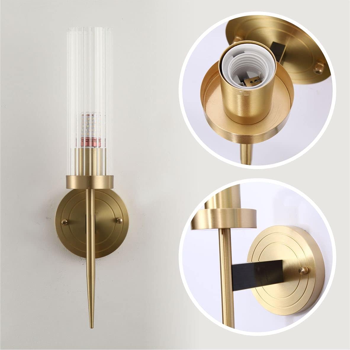 BOKT Modern Cylinder Sconces Wall Lighting Set of Two Mid Century Antique Brass Gold 1-Light Wall Sconce Set of 2 Clear Crystal Glass Wall Sconce Lamp for Bathroom