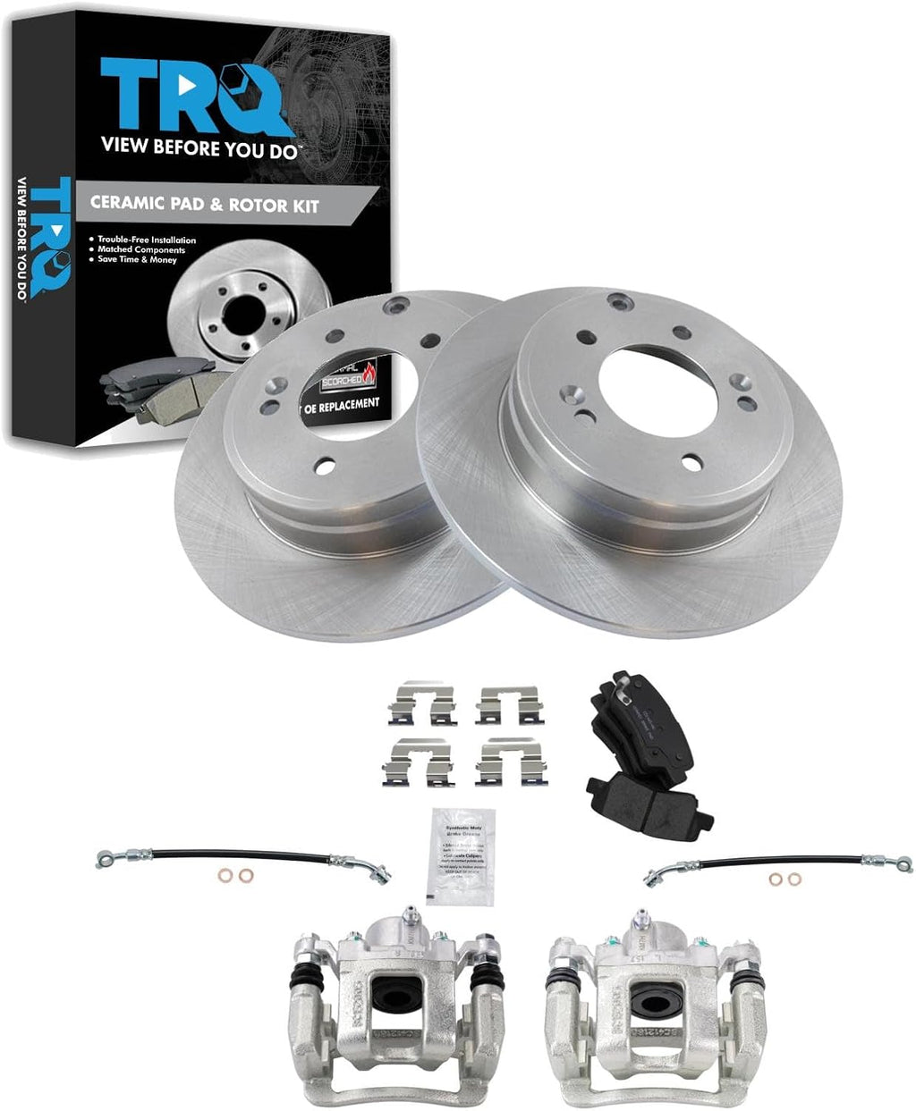 TRQ Rear Brake Pad and Rotor Set Ceramic Calipers Hoses Compatible with 2011-2015 Hyundai Sonata Kia Optima