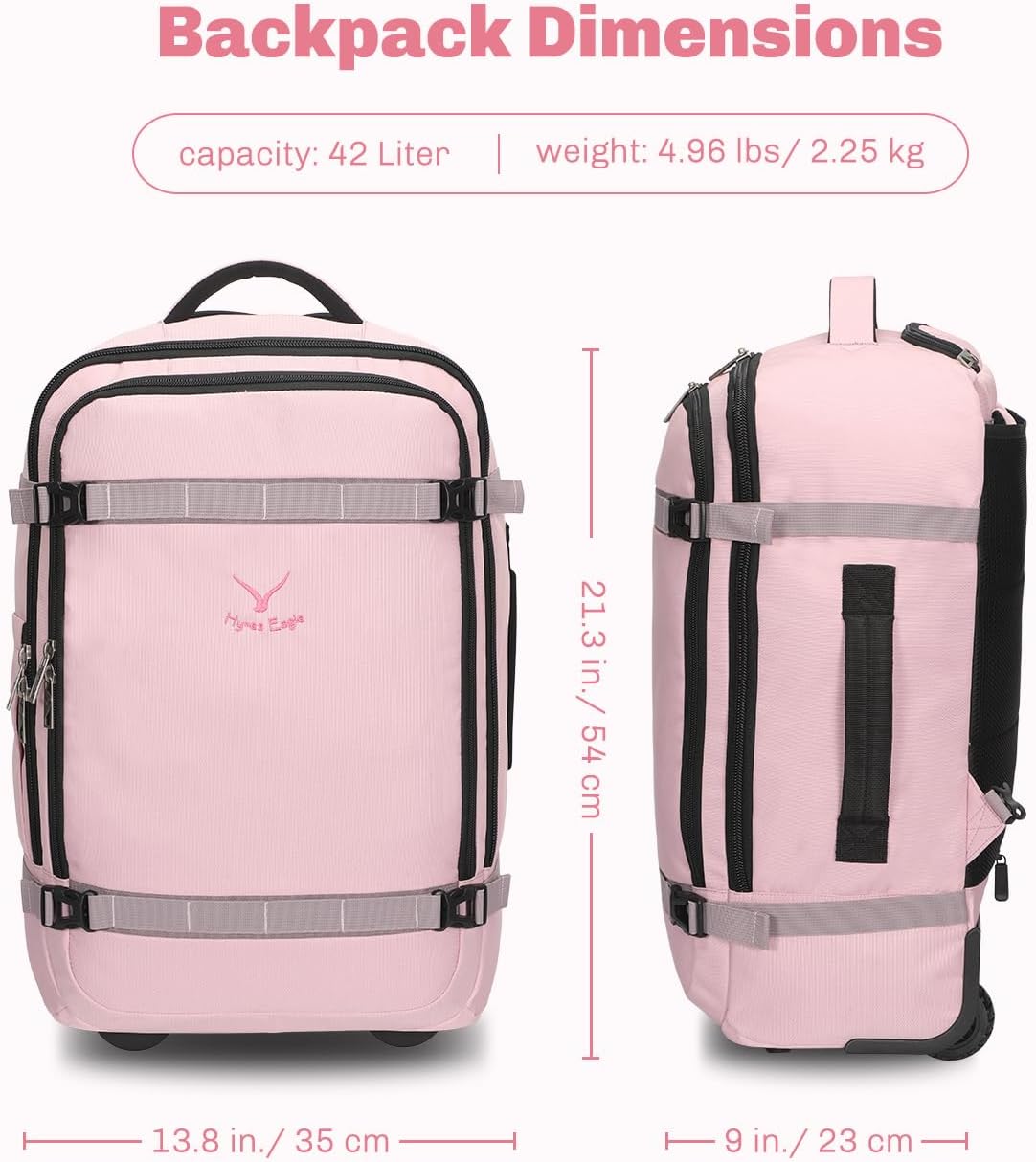 Hynes Eagle Rolling Backpack 42L Backpack with Wheels Airline Approved Carry on Luggage Laptop Travel Suitcase Bag for Women Men Light Pink