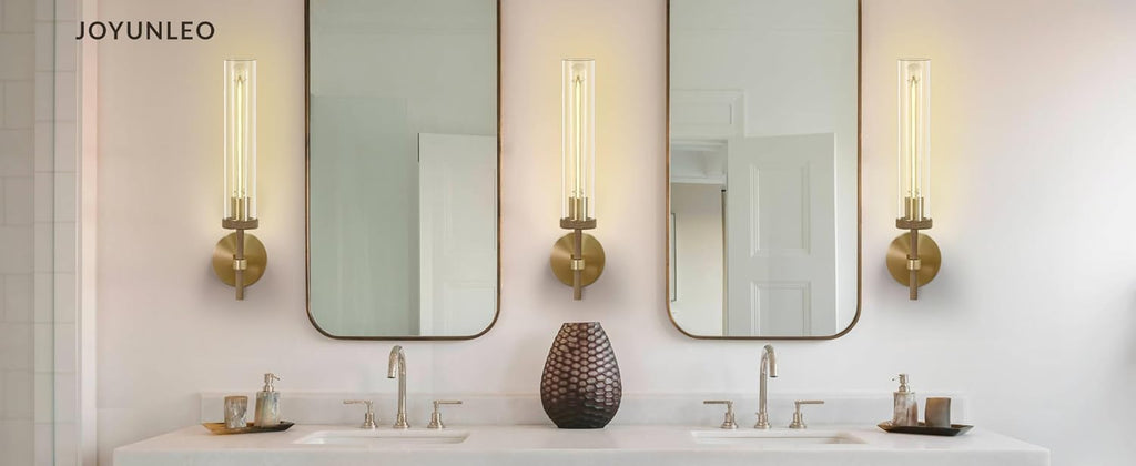 19' Modern Gold Wall Sconces Set of 2, Knurled Brass Vanity Lights with Clear Tube Glass Shade, Industrial Long Linear Wall Lamp for Bathroom Mirror, Hallway, Living Room, Staircase