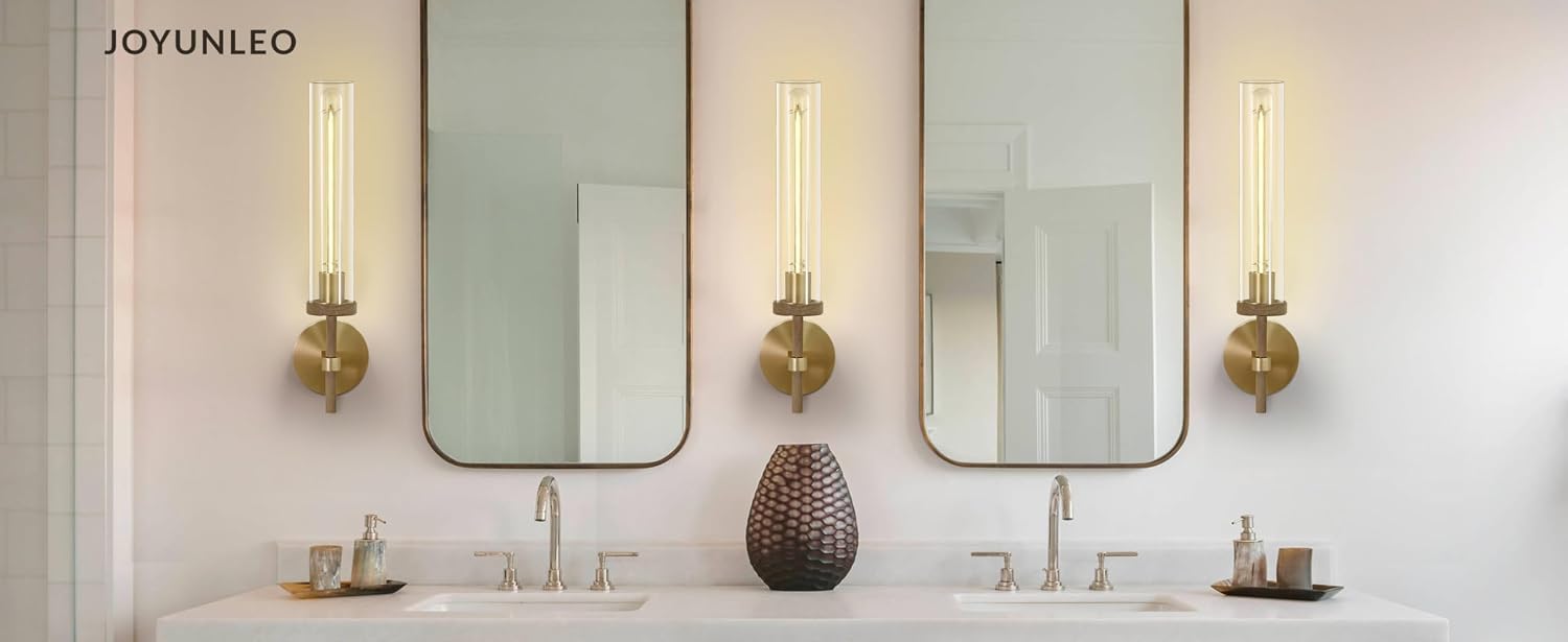 19' Modern Gold Wall Sconces Set of 2, Knurled Brass Vanity Lights with Clear Tube Glass Shade, Industrial Long Linear Wall Lamp for Bathroom Mirror, Hallway, Living Room, Staircase
