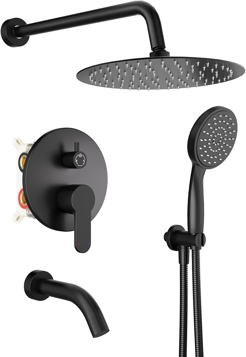 Shower System with Tub Spout, Shower Faucet Set with 10-Inch Rain Shower Head, Handheld Shower head and Shower Faucet Trim valve, Wall Mounted Bathroom Shower Combo Set, Matte Black