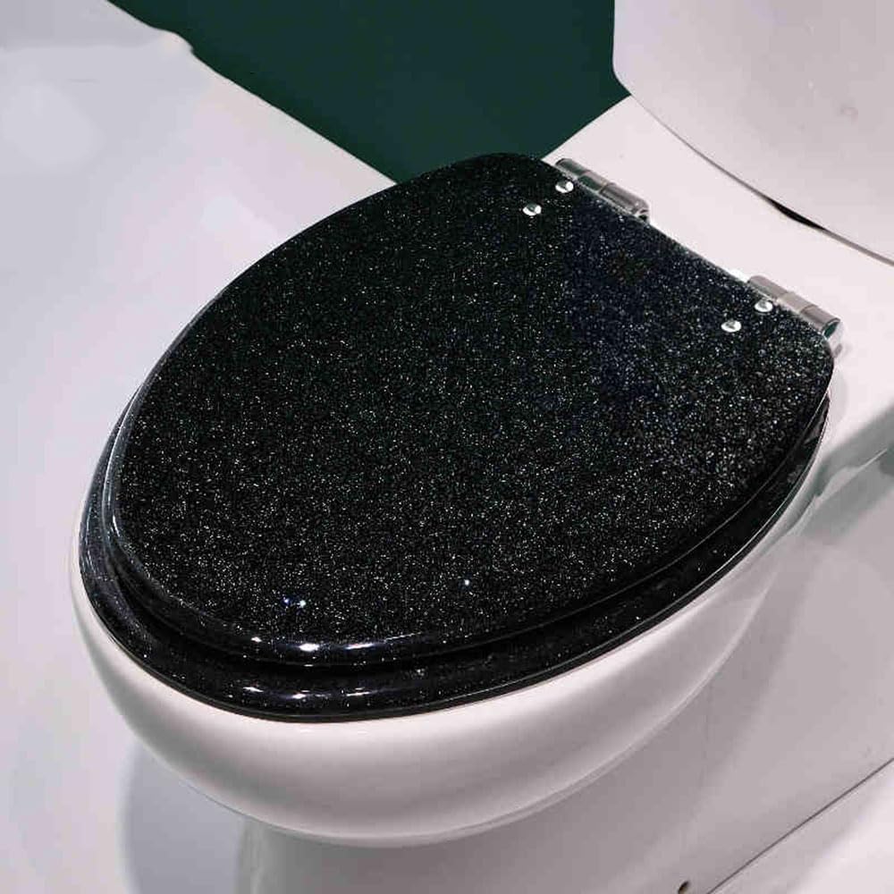 Elongated Resin Toilet Seat with Soft Close, Easy Clean & 360° Adjustable Hinges, Quick Release Heavy Duty with Glitter Cover (Silver/Gold, Black)