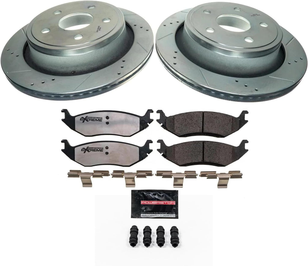 PowerStop Rear Brake Kit For Dodge Durango 2004-09 |Ram 1500 2002-18 |1500 Classic 2019-24- Truck & Tow Carbon Fiber Ceramic Brake Pads + Drilled & Slotted Rotors Upgrade, K2172-36