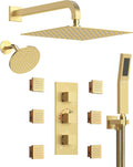 Wall Mount 12' High-Pressure Rainfall Shower Faucet, Dual Rainfall Shower Head System with 6 Body Jets (Brushed Gold)
