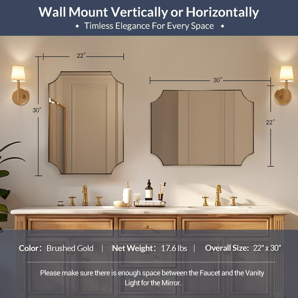 MIRRORART Contemporary Scalloped Brass Bathroom Mirrors 22x30 Inch | Notch Corner Gold Rectangle Bathroom Mirrors ,1'' Rustproof Seamless SUS Steel Frame,Wall-Mounted, Shatterproof HD Glass
