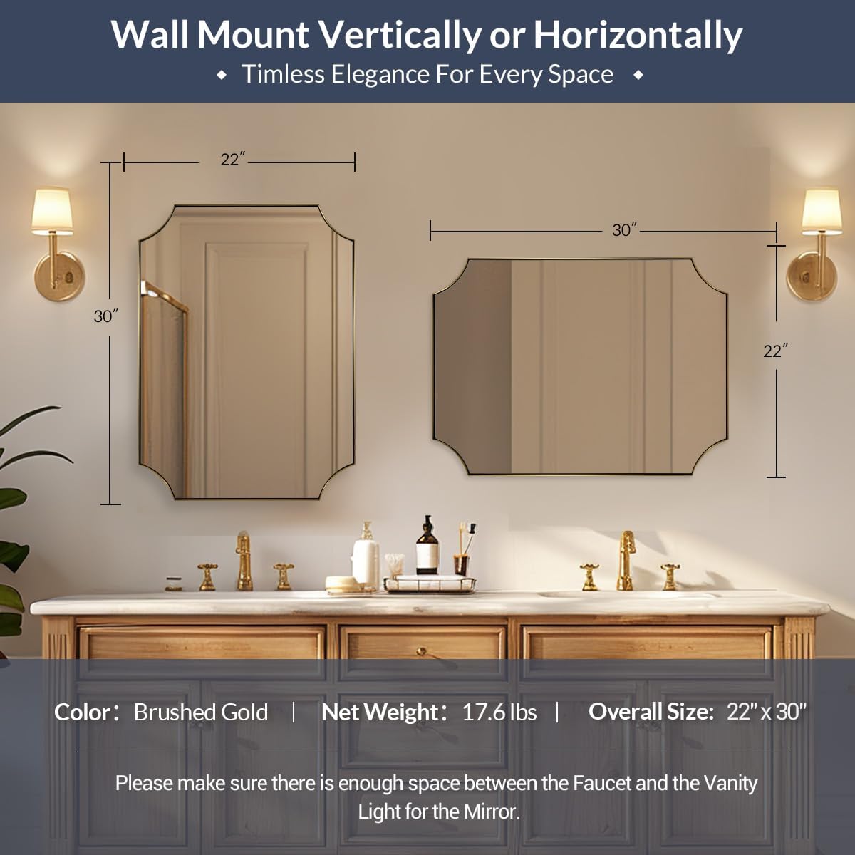 MIRRORART Contemporary Scalloped Brass Bathroom Mirrors 22x30 Inch | Notch Corner Gold Rectangle Bathroom Mirrors ,1'' Rustproof Seamless SUS Steel Frame,Wall-Mounted, Shatterproof HD Glass