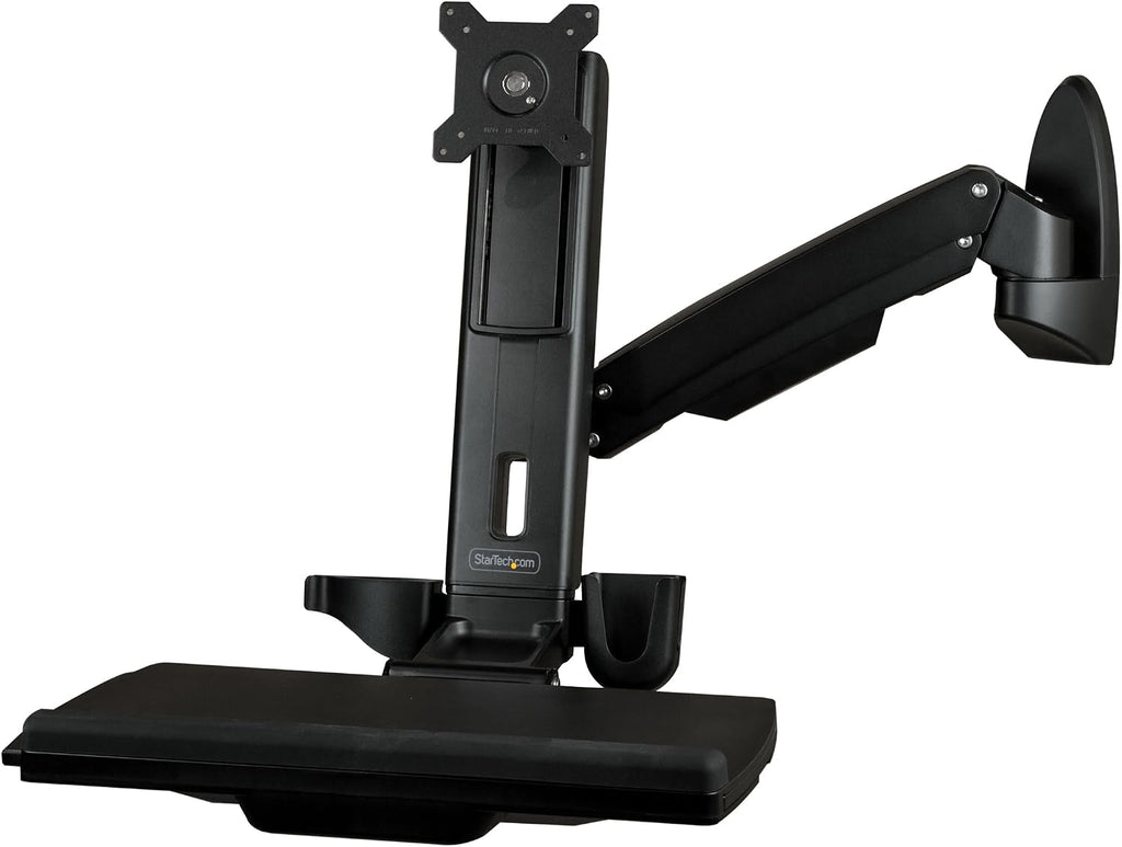 StarTech.com Wall Mount Workstation - Articulating Full Motion Standing Desk with Ergonomic Height Adjustable Monitor & Keyboard Tray Arm - Mouse & Scanner Holders - Single VESA Display, TAA