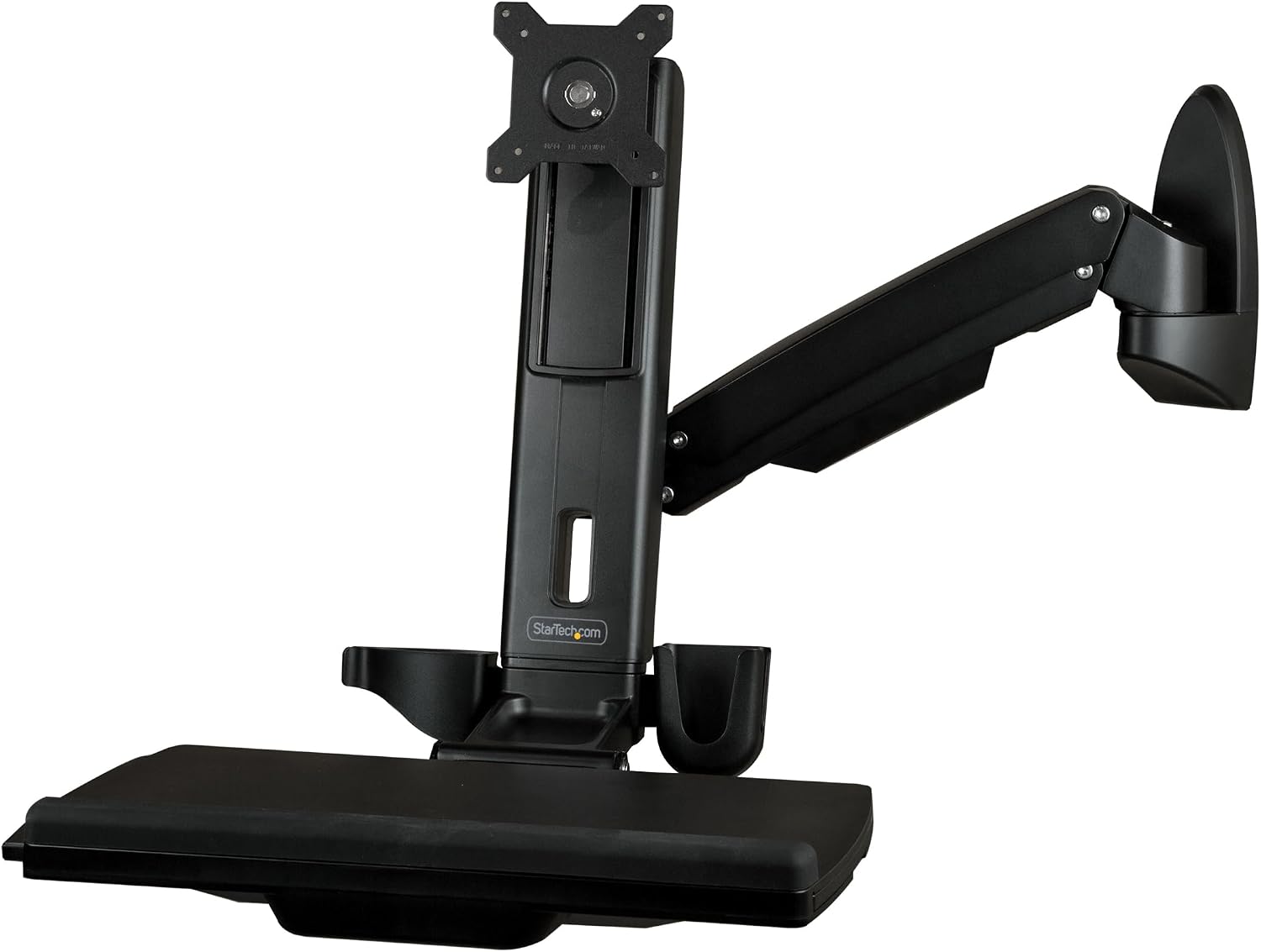 StarTech.com Wall Mount Workstation - Articulating Full Motion Standing Desk with Ergonomic Height Adjustable Monitor & Keyboard Tray Arm - Mouse & Scanner Holders - Single VESA Display, TAA
