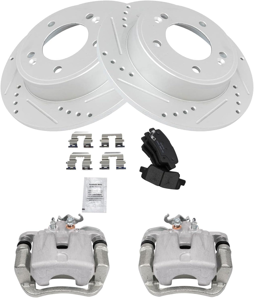 TRQ Performance Rear Brake Pad and Rotor Set Ceramic Solid Rotors Calipers Compatible with 2014-2016 Kia Soul