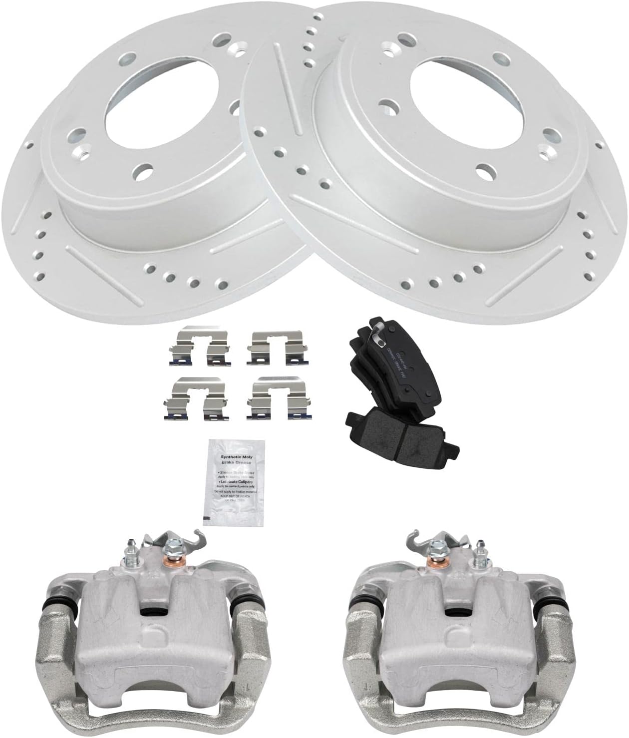 TRQ Performance Rear Brake Pad and Rotor Set Ceramic Solid Rotors Calipers Compatible with 2014-2016 Kia Soul