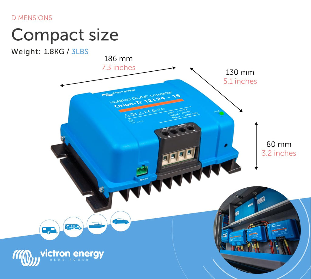 Victron Energy Orion-Tr DC to DC Converter - 12/24-Volt 15 amp 360-Watt - IP43 Protected - for Dual Battery Systems - Isolated